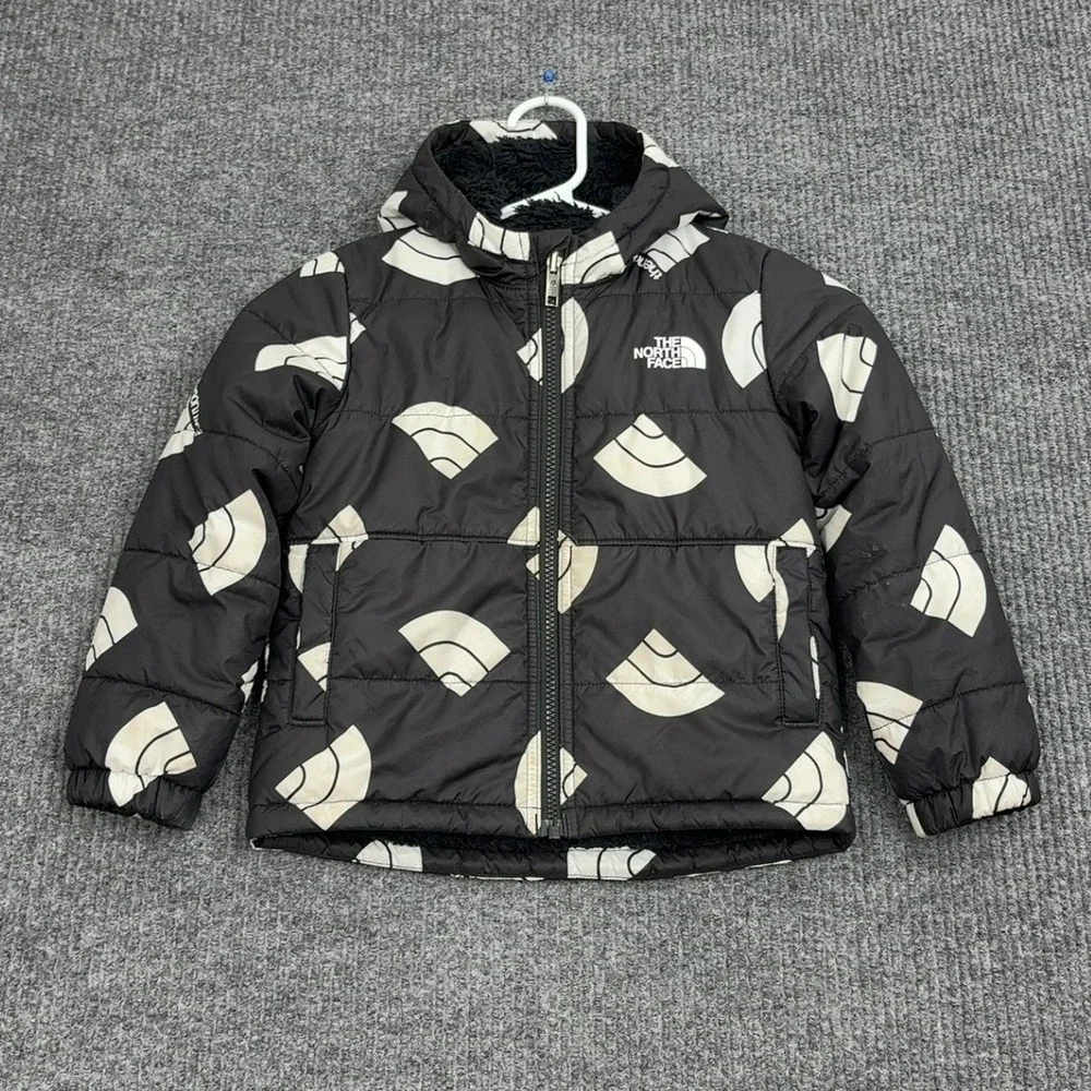 The North Face Puffer Jacket Kids 4 Black White Logo Print Hooded Winter Warm